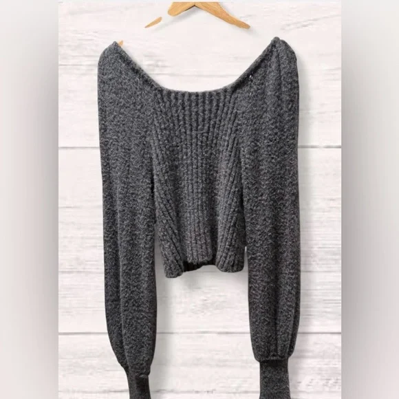 Dark Grey Free People Katie Mix Stitch Square Neck Sweater, size L. - Picture 3 of 5